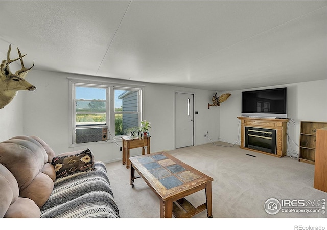 18247 County Road 22, Fort Lupton, CO 80621 - carpeted living area with a fireplace and cooling unit