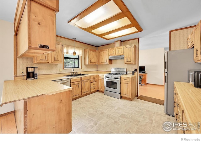 56 Bounty Hunter Ln, Bailey, CO 80421 - kitchen featuring range with gas cooktop, a peninsula, under cabinet range hood, and light brown cabinets