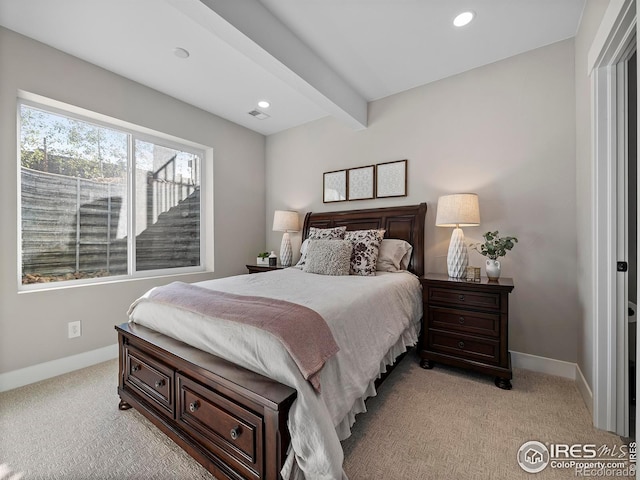 1255 Eliza Ave, Berthoud, CO 80513 - bedroom with light colored carpet, beamed ceiling, and recessed lighting