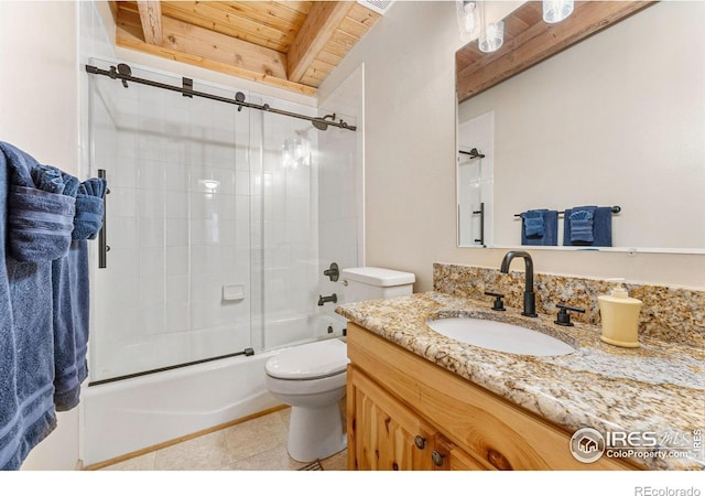 178 Hazelwood Dr, Nederland, CO 80466 - full bathroom with vanity, a wooden ceiling with exposed beams, combined bath / shower with glass door, and tile patterned floors