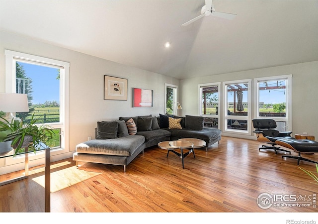 4615 Kitchell Way, Fort Collins, CO 80524 - living room featuring plenty of natural light, wood finished floors, ceiling fan, high vaulted ceiling, and recessed lighting