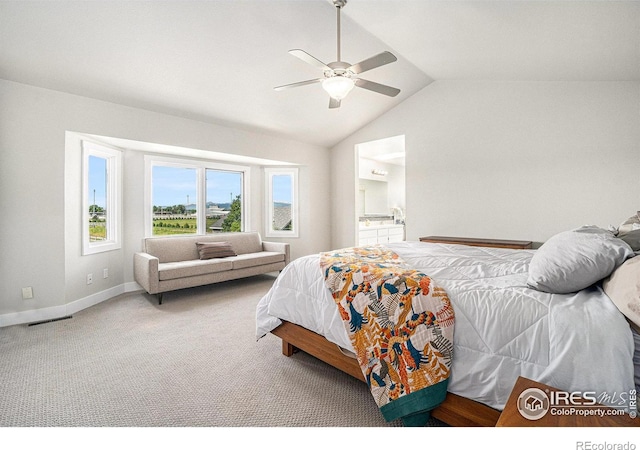 4615 Kitchell Way, Fort Collins, CO 80524 - carpeted bedroom featuring vaulted ceiling, a ceiling fan, and connected bathroom