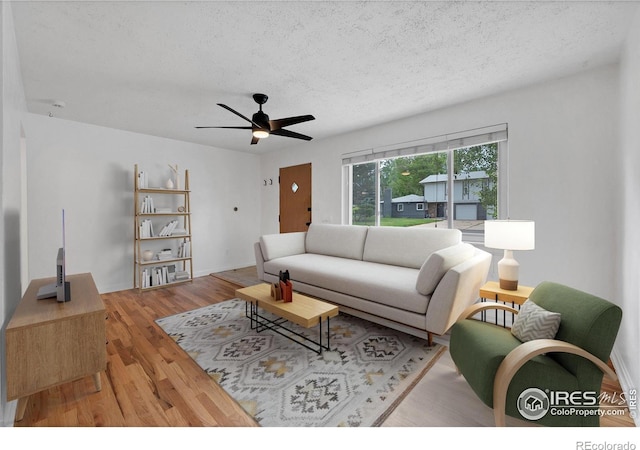 6755 W 33rd Ave, Wheat Ridge, CO 80033 - living room with a textured ceiling, a ceiling fan, and wood finished floors