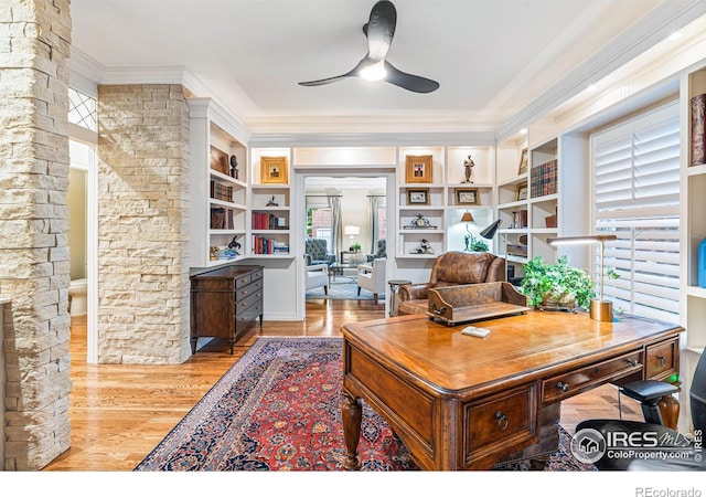 3000 E Cedar Ave Unit 2, Denver, CO 80209 - office space featuring ceiling fan, wood finished floors, crown molding, and built in features