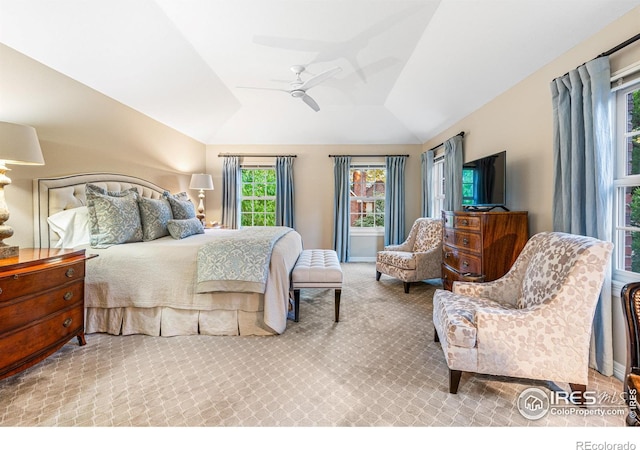 3000 E Cedar Ave Unit 2, Denver, CO 80209 - carpeted bedroom with vaulted ceiling and a ceiling fan
