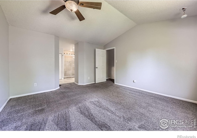 5491 E 117th Ave, Thornton, CO 80233 - unfurnished bedroom featuring carpet, a textured ceiling, vaulted ceiling, ensuite bath, and ceiling fan