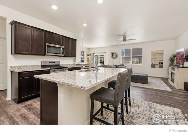 1781 Summer Bloom Dr, Windsor, CO 80550 - kitchen with appliances with stainless steel finishes, open floor plan, a ceiling fan, light wood-style flooring, and a breakfast bar