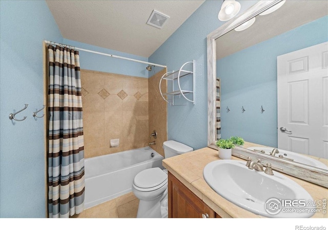 2707 Pochard Ct, Johnstown, CO 80534 - bathroom with shower / bath combination with curtain, vanity, and tile patterned flooring