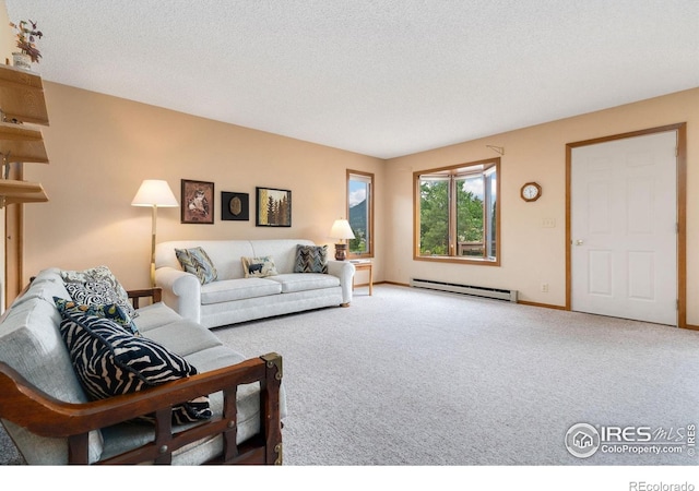 1795 Olympian Ln Unit A, Estes Park, CO 80517 - carpeted living area featuring a baseboard heating unit and a textured ceiling