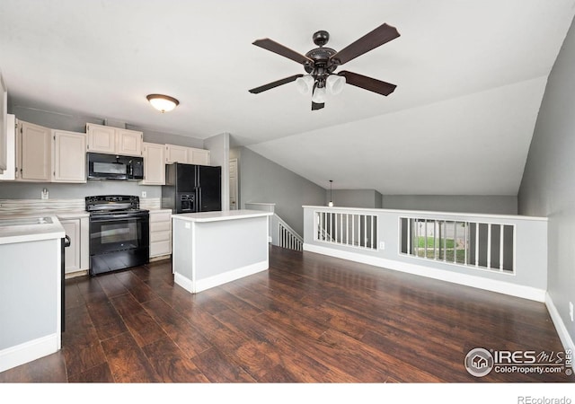 4740 Everglade Ct, Greeley, CO 80634 - kitchen featuring black appliances, ceiling fan, light countertops, dark wood-style flooring, and a kitchen island