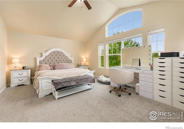 3001 Nebula Ct, Loveland, CO 80537 - carpeted bedroom featuring high vaulted ceiling, an office area, and ceiling fan