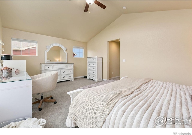 3001 Nebula Ct, Loveland, CO 80537 - bedroom featuring carpet, lofted ceiling, and a ceiling fan