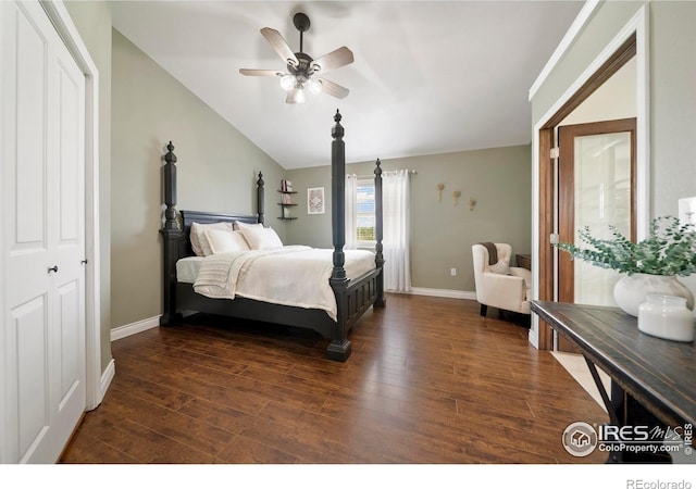 34427 County Rd W, Hillrose, CO 80733 - bedroom featuring dark wood-type flooring, lofted ceiling, and ceiling fan