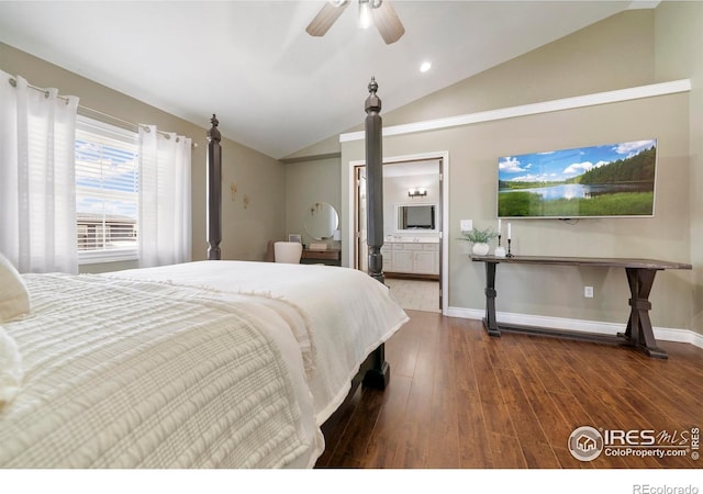 34427 County Rd W, Hillrose, CO 80733 - bedroom featuring vaulted ceiling, wood finished floors, connected bathroom, and a ceiling fan