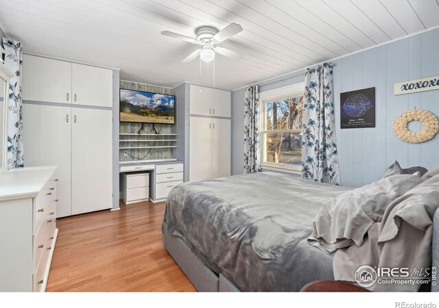 1417 14th St, Greeley, CO 80631 - bedroom with light wood-style floors, wooden ceiling, and ceiling fan