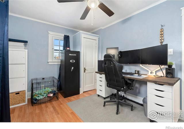 1417 14th St, Greeley, CO 80631 - office area with crown molding, wood finished floors, and ceiling fan