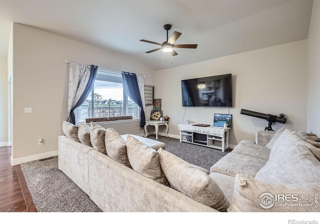 825 Forest Canyon Rd, Severance, CO 80550 - living room featuring ceiling fan, vaulted ceiling, and wood finished floors
