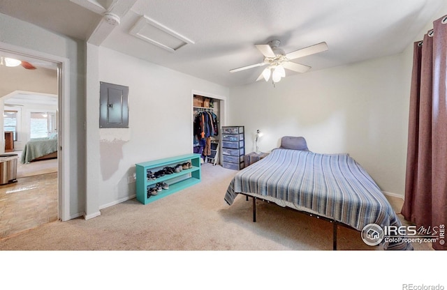 143 W 10th St, Loveland, CO 80537 - carpeted bedroom with attic access, electric panel, a closet, and ceiling fan