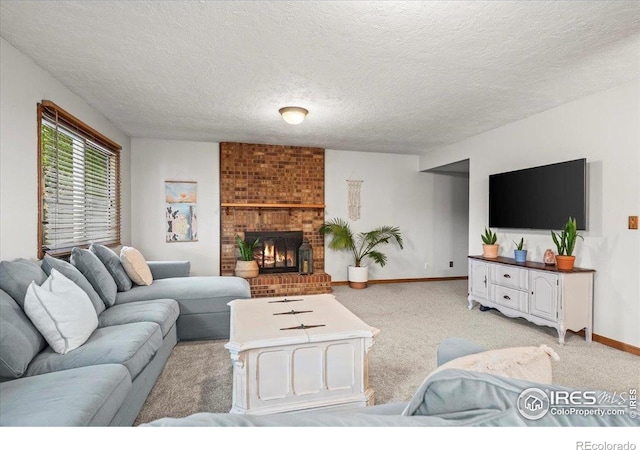 4324 W 22nd St, Greeley, CO 80634 - living area featuring light carpet, a textured ceiling, and a fireplace