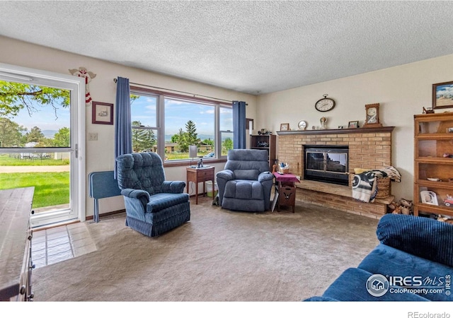 2110 Charro Ave, Longmont, CO 80504 - carpeted living area featuring healthy amount of natural light, a brick fireplace, and a textured ceiling