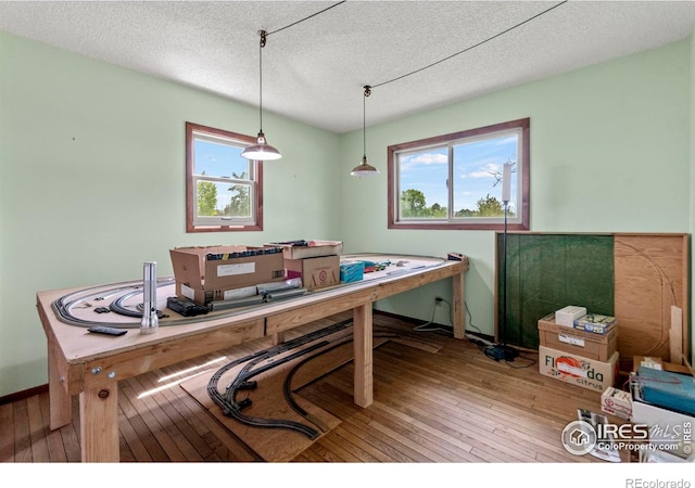 2110 Charro Ave, Longmont, CO 80504 - dining space with hardwood / wood-style floors, an office area, and a textured ceiling