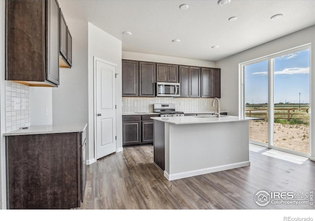850 Mesic Ln, Windsor, CO 80550 - kitchen featuring stainless steel microwave, range, dark brown cabinets, dark wood-style flooring, and decorative backsplash