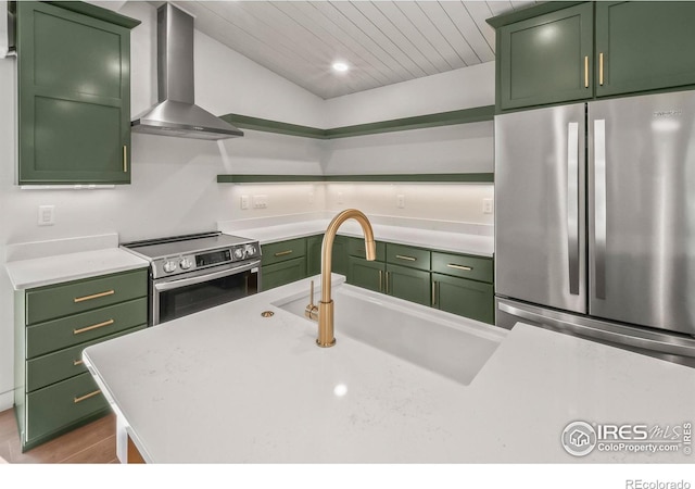 2009 18th Ave, Greeley, CO 80631 - kitchen with green cabinetry, appliances with stainless steel finishes, wall chimney exhaust hood, light countertops, and vaulted ceiling