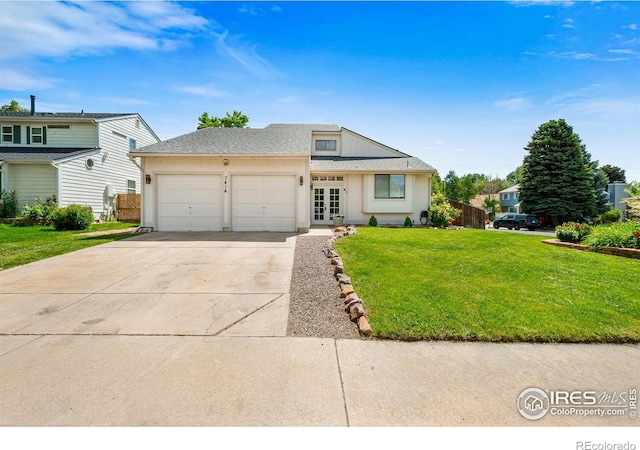 7414 Benton St, Arvada, CO 80003 - view of front of house with an attached garage, a front yard, concrete driveway, french doors, and roof with shingles