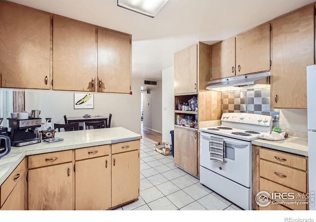 1036 Meadowbrook Dr, Fort Collins, CO 80521 - kitchen featuring white range with electric stovetop, under cabinet range hood, light countertops, light brown cabinets, and backsplash