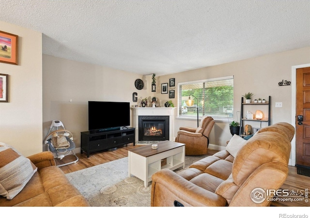 1607 Rushmore Dr, Colorado Springs, CO 80910 - living room featuring wood finished floors, a textured ceiling, and a glass covered fireplace