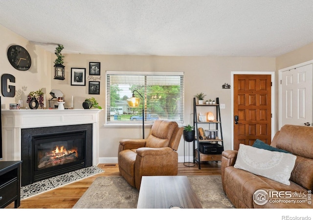 1607 Rushmore Dr, Colorado Springs, CO 80910 - living area with wood finished floors, a fireplace with flush hearth, and a textured ceiling