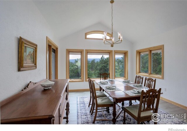 849 Mountain Meadows Rd, Boulder, CO 80302 - dining area featuring a chandelier, lofted ceiling, and light wood-style flooring