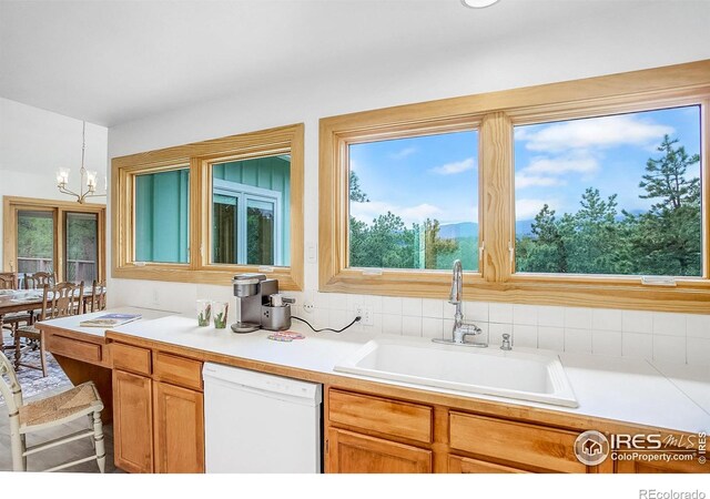 849 Mountain Meadows Rd, Boulder, CO 80302 - kitchen with white dishwasher, a chandelier, light countertops, and plenty of natural light