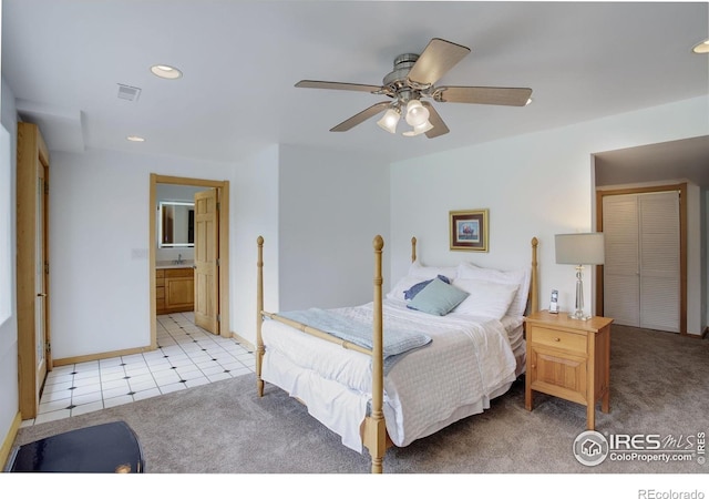 849 Mountain Meadows Rd, Boulder, CO 80302 - carpeted bedroom featuring recessed lighting, ceiling fan, and connected bathroom