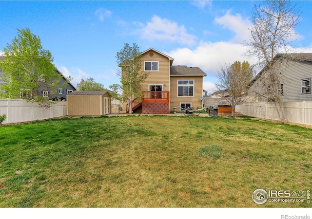 5452 Rustic Ave, Firestone, CO 80504 - back of house with a shed, a fenced backyard, a wooden deck, and stairway