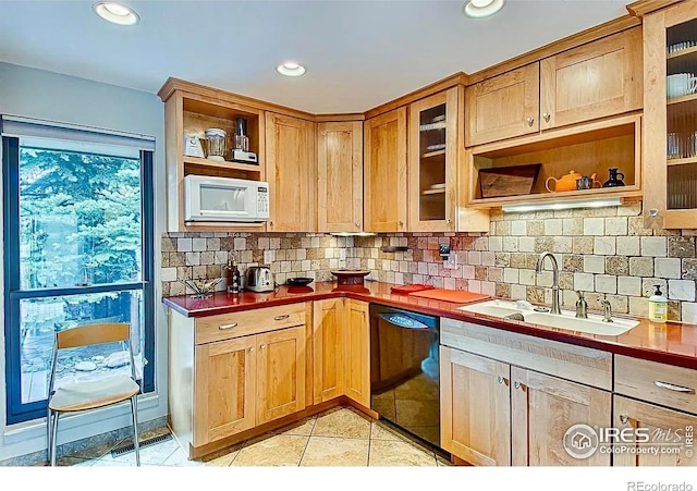 1624 Bradley Ct, Boulder, CO 80305 - kitchen featuring open shelves, white microwave, dishwashing machine, decorative backsplash, and recessed lighting