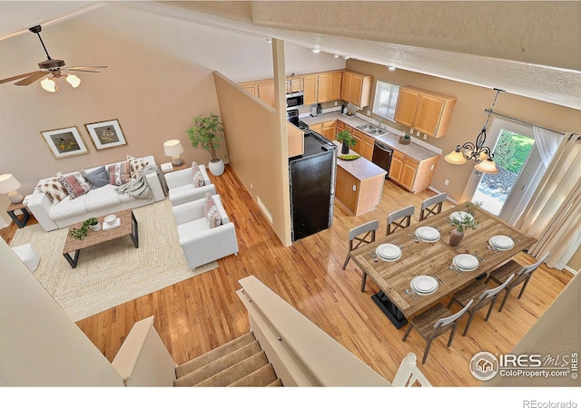 3228 Borrossa St, Evans, CO 80634 - dining space with lofted ceiling, light wood finished floors, healthy amount of natural light, and a textured ceiling