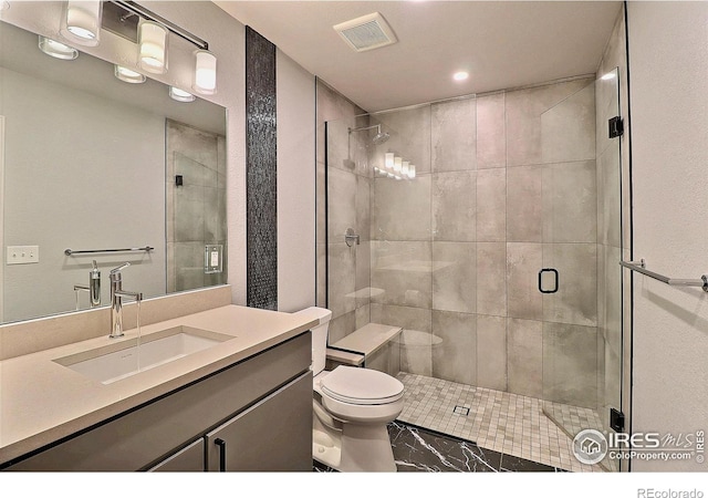 3228 Borrossa St, Evans, CO 80634 - full bathroom with marble finish floors, a shower stall, vanity, and recessed lighting