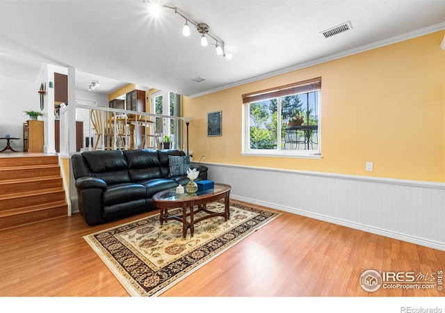 109 Sunflower Dr, Windsor, CO 80550 - living area with wood finished floors, a wainscoted wall, stairway, crown molding, and rail lighting