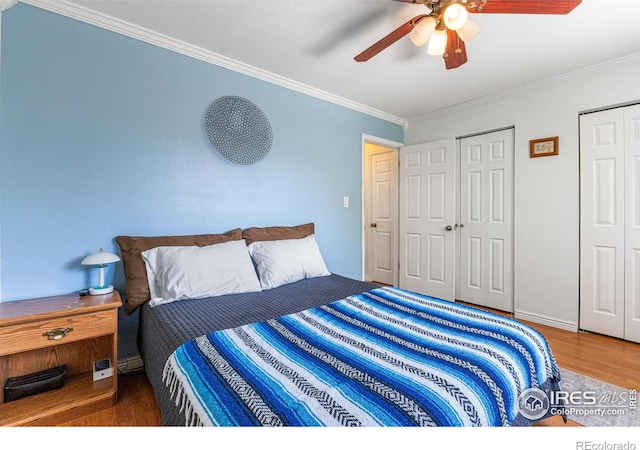 109 Sunflower Dr, Windsor, CO 80550 - bedroom featuring crown molding, wood finished floors, two closets, and ceiling fan