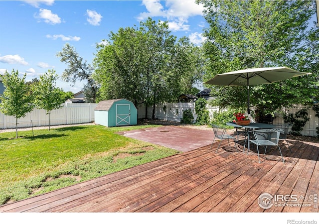 109 Sunflower Dr, Windsor, CO 80550 - deck featuring a fenced backyard and a storage unit