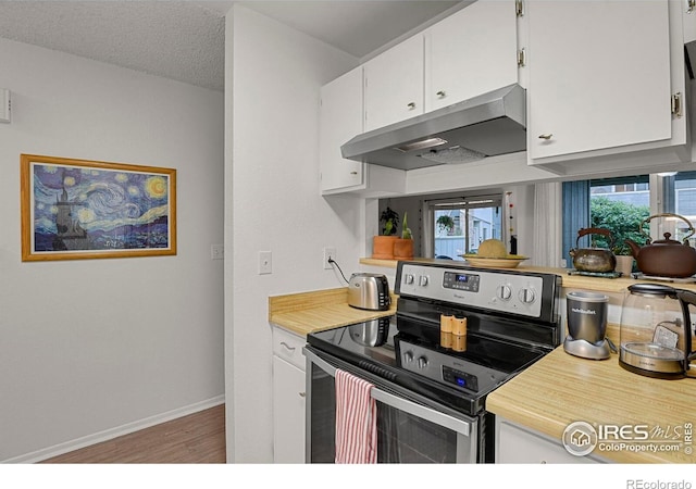 1113 Elysian Field Dr Unit A, Lafayette, CO 80026 - kitchen featuring stainless steel range with electric cooktop, under cabinet range hood, light countertops, and wood finished floors