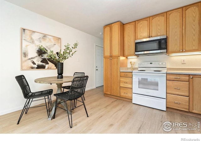 930 Vanderbilt Ct, Fort Collins, CO 80525 - kitchen featuring electric range, stainless steel microwave, light wood-style floors, and light countertops