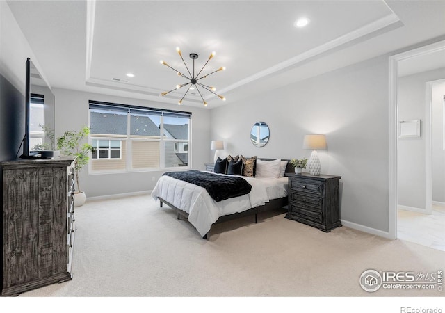 5056 Blanchette St, Timnath, CO 80547 - carpeted bedroom with a tray ceiling, a chandelier, and recessed lighting