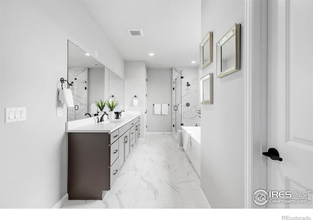 5056 Blanchette St, Timnath, CO 80547 - full bath featuring marble finish flooring, a marble finish shower, double vanity, a bath, and recessed lighting