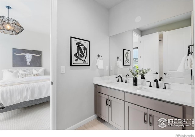 5056 Blanchette St, Timnath, CO 80547 - bathroom with double vanity, connected bathroom, and wood finished floors