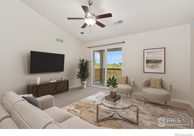 4905 Hahns Peak Dr Unit 202, Loveland, CO 80538 - living room featuring carpet flooring, ceiling fan, and high vaulted ceiling