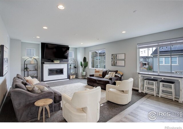 12917 Fox St, Westminster, CO 80234 - living room featuring plenty of natural light, recessed lighting, a glass covered fireplace, and wood finished floors