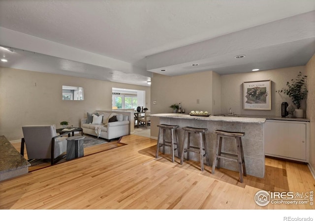 412 Terry Point Dr, Fort Collins, CO 80524 - kitchen featuring light wood-type flooring, a kitchen bar, recessed lighting, white cabinetry, and open floor plan