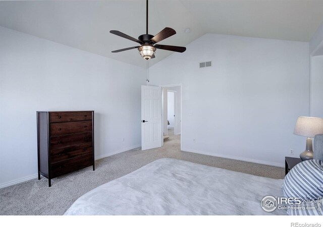 2547 Concord Cir, Lafayette, CO 80026 - bedroom with carpet floors, high vaulted ceiling, and a ceiling fan